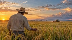 Agricultor de espaldas revisa espigas de arroz mientras una cosechadora trabaja a lo lejos en los Llanos.