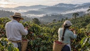 Dos caficultores recogen granos de café maduro en una finca de ladera.