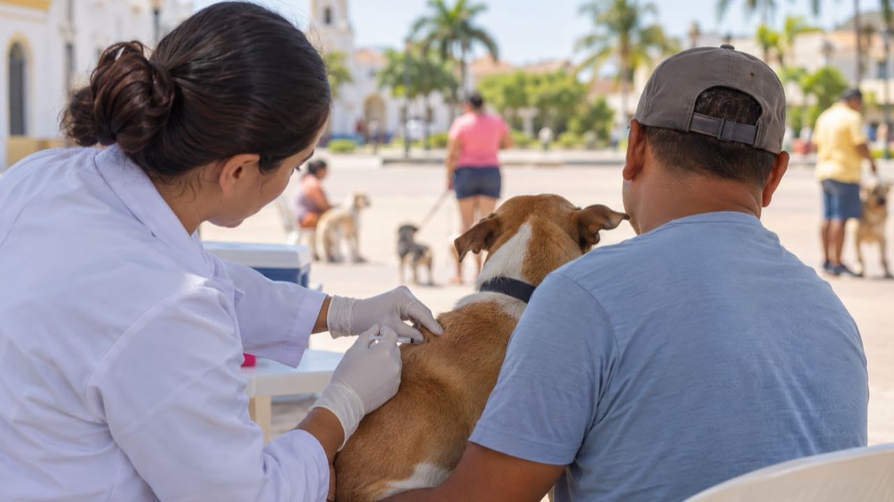 El INS contó 139.640 casos de colombianos agredidos por animales que pueden transmitir rabia: en Astrea, Cesar, 4 perros la tenían 1 Una vacunadora aplica la vacuna contra la rabia a un perro durante una jornada en la plaza de un pueblo.