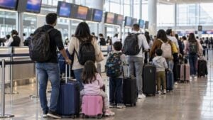 Familias con maletas hacen fila en los counters de un aeropuerto concurrido.