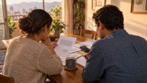 Una pareja revisa facturas y cuentas con una calculadora en la mesa del comedor.