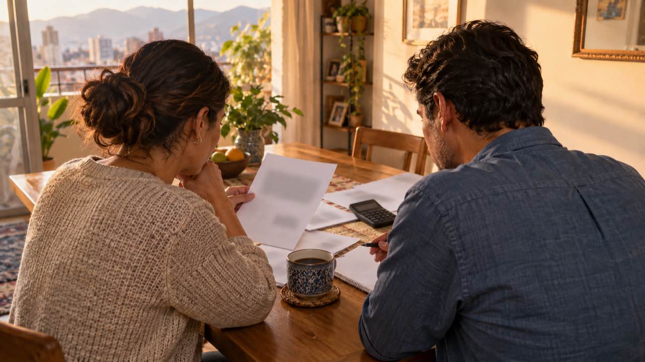 Allianz ubica a Colombia en el puesto 45 de 57 en riqueza financiera: la deuda de los hogares creció 7,1 % y sus activos 2,7 % 1 Una pareja revisa facturas y cuentas con una calculadora en la mesa del comedor.