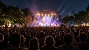 Un público numeroso frente a una tarima iluminada de un festival de rock al aire libre.