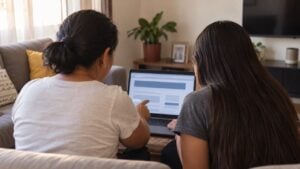 Una madre y su hija consultan un trámite en un computador portátil en la sala de su casa.