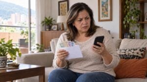 Mujer en la sala de su casa mira con desconfianza el celular mientras sostiene un sobre con billetes.