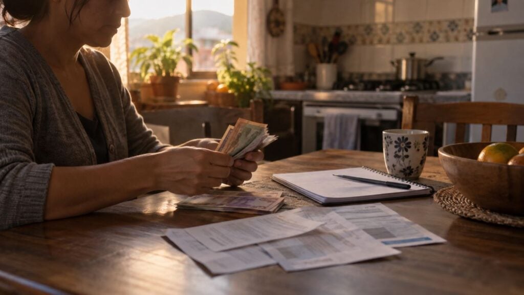 Una trabajadora cuenta billetes junto a facturas en la mesa de la cocina.