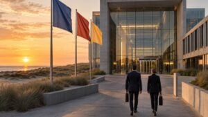 Fachada de un tribunal internacional al atardecer, con dos personas caminando hacia la entrada.
