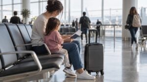 Una madre y su hijo revisan sus documentos de viaje en la sala de espera de un aeropuerto.