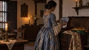 Recreación de una mujer de la época colonial con un vestido de seda y un plato de porcelana china junto a un baúl.