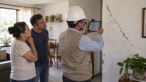 Un ajustador de seguros con casco revisa con una pareja las grietas en la pared de su casa en Cali, mientras toma fotos con una tableta.