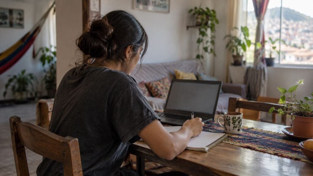Una joven estudia frente a un portátil en su casa.