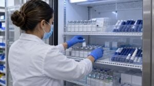 Una regente de farmacia organiza insulinas en la nevera de la farmacia de un hospital.