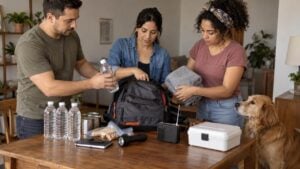 Personas adultas preparan un maletín de emergencia con agua, radio y linterna en una vivienda.