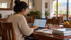 Aspirante a docente adulta usa un portátil en casa junto a cuadernos y libros escolares.