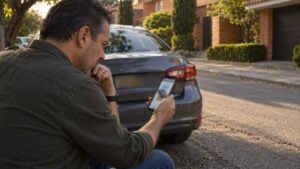 Un conductor revisa en su celular una oferta en línea junto a su carro estacionado.