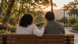 Dos personas conversan sentadas en una banca de un parque en un gesto de apoyo.