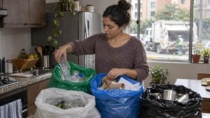 Persona adulta separa residuos en bolsas de colores mientras un camión recolector pasa al fondo.