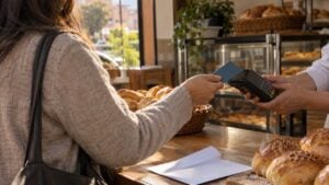 Mujer de espaldas paga con una tarjeta genérica en el datáfono de una panadería de barrio en Bogotá.