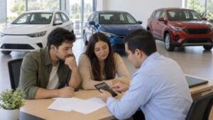 Una pareja revisa con un asesor las condiciones de un crédito en la sala de exhibición de un concesionario de carros.