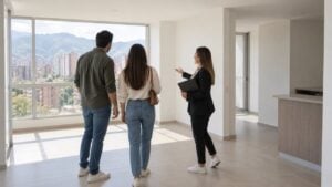 Una pareja recorre con una asesora un apartamento nuevo y vacío con ventanas hacia otras torres de vivienda.