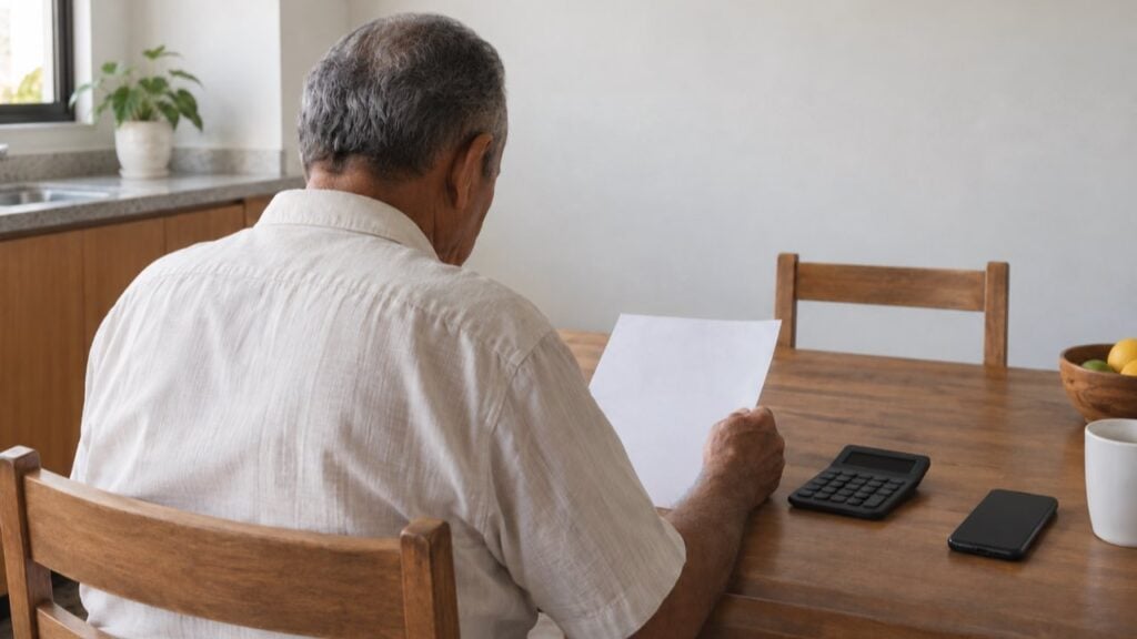 Un pensionado revisa en la mesa de su casa un desprendible de pago y una calculadora.