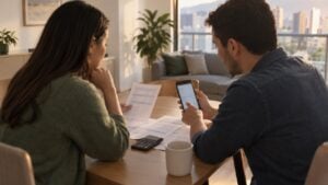 Una pareja compara en un celular y en papeles las condiciones de un préstamo sentada en la mesa del comedor.