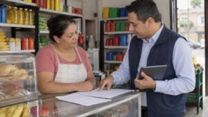 Una tendera conversa con un asesor de crédito en el mostrador de una tienda de barrio.