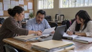 Docentes revisan papeles y un portátil en la sala de profesores de un colegio público.