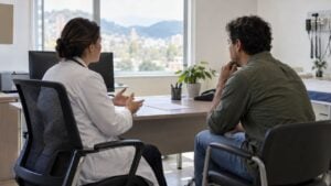Médica y paciente adulto conversan de perfil en el consultorio de un hospital colombiano.