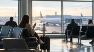 Mujer joven con una maleta revisa su celular en la sala de espera de un aeropuerto.