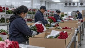 Trabajadores empacan rosas en cajas en un cuarto frío de una finca de flores de exportación.