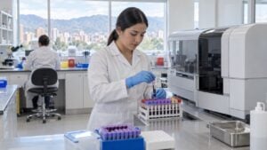 Bacterióloga con bata y guantes manipula tubos de sangre en un laboratorio clínico luminoso.