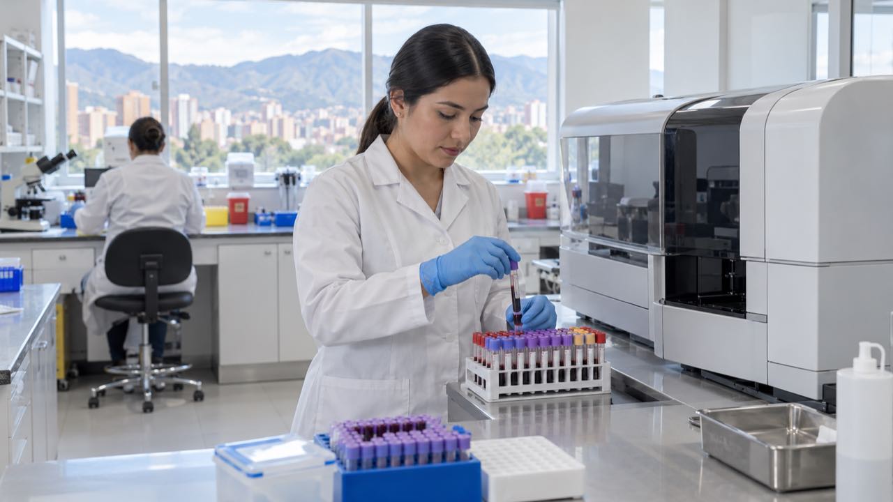 La Universidad Nacional estima 66.000 casos de tuberculosis evitables en personas con VIH: 11 % de los enfermos de 2025 tenía VIH 1 Bacterióloga con bata y guantes manipula tubos de sangre en un laboratorio clínico luminoso.