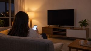 Una mujer mira su celular en la sala de su casa, frente a un televisor apagado con su decodificador.