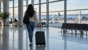 Una joven migrante arrastra su maleta por la sala de un aeropuerto en Europa.