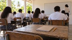Aula de un colegio rural con estudiantes de espaldas y un pupitre vacío con un cuaderno cerrado en primer plano.