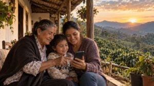 Una familia campesina mira un celular en el corredor de una casa rural de montaña.