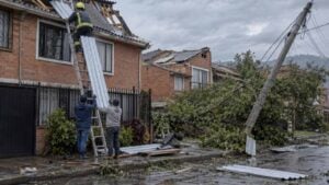 Vecinos y un bombero recogen tejas y escombros junto a un árbol caído en una calle de casas de ladrillo en la Sabana de Bogotá.