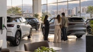 Una pareja conversa con una asesora junto a un carro nuevo en un concesionario con un carro eléctrico cargando.