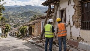 Obreros revisan viviendas agrietadas y apuntaladas en un barrio del Eje Cafetero.