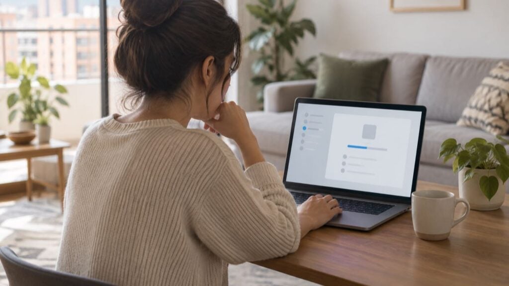 Una mujer revisa en su computador portátil la pantalla de actualizaciones del sistema en la sala de su casa.