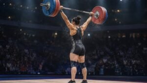 Un pesista sostiene la barra sobre la cabeza durante un arranque en competencia.