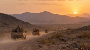 Una columna de camionetas militares avanza por una carretera de tierra en un valle desértico de Yemen al atardecer.
