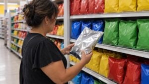 Una mujer revisa una bolsa de papitas en el pasillo de pasabocas de un supermercado latino.